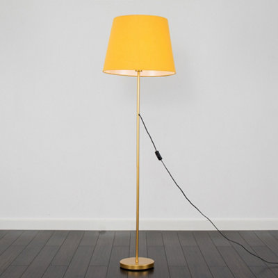 ValueLights Modern Gold Metal Standard Floor Lamp With Mustard Tapered Shade