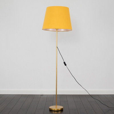 ValueLights Modern Gold Metal Standard Floor Lamp With Mustard Tapered Shade