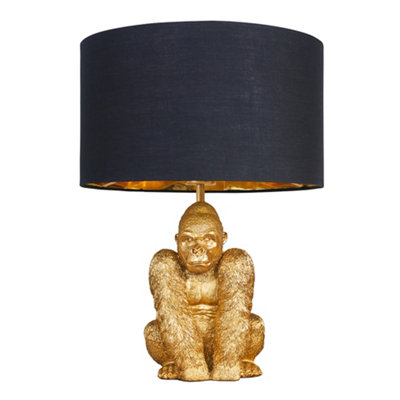 ValueLights Modern Gold Sitting Gorilla Monkey Design Table Lamp With Black Gold Drum Shade