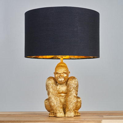 ValueLights Modern Gold Sitting Gorilla Monkey Design Table Lamp With Black Gold Drum Shade