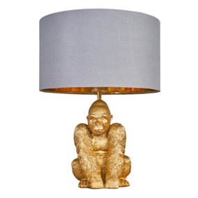 ValueLights Modern Gold Sitting Gorilla Monkey Design Table Lamp With Grey Gold Cylinder Shade