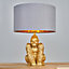 ValueLights Modern Gold Sitting Gorilla Monkey Design Table Lamp With Grey Gold Cylinder Shade