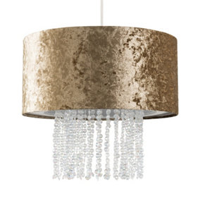 ValueLights Modern Gold Velvet Cylinder Ceiling Pendant Light Shade With Clear Acrylic Droplets