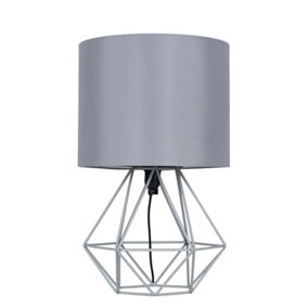 ValueLights Modern Grey Metal Basket Cage Bed Side Table Lamp With Grey Fabric Shade With LED Golfball Bulb In Warm White