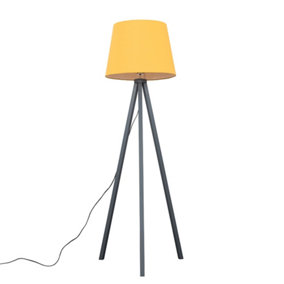 ValueLights Modern Grey Wood Tripod Design Floor Lamp With Mustard Tapered Shade - Includes 6w LED Bulb 3000K Warm White