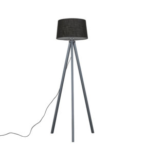 ValueLights Modern Grey Wood Tripod Floor Lamp With Black Faux Linen Shade