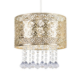 ValueLights Modern Intricate Pattern Gold Ceiling Pendant Light Shade With Jewel Droplets