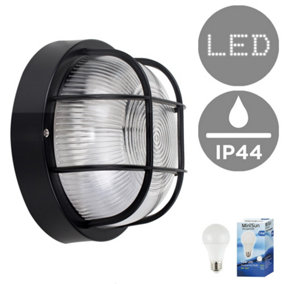 ValueLights Modern IP44 Rated Black Outdoor Garden Security Round Bulkhead Wall Light - Includes 10w LED GLS Bulb 6500K Cool White