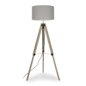 ValueLights Modern Light Wood And Chrome Tripod Floor Lamp With Cool Grey Drum Shade