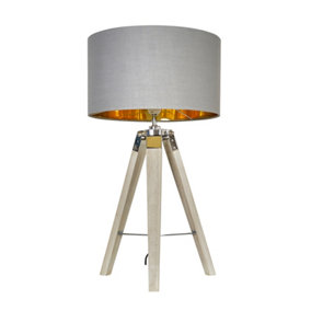 ValueLights Modern Light Wood And Chrome Tripod Table Lamp With Warm Grey Gold Drum Shade