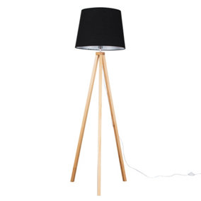 ValueLights Modern Light Wood Tripod Design Floor Lamp With Black Tapered Shade - Includes 6w LED GLS Bulb 3000K Warm White