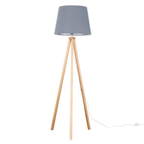 ValueLights Modern Light Wood Tripod Design Floor Lamp With Grey Tapered Shade - Includes 6w LED GLS Bulb 3000K Warm White
