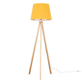 ValueLights Modern Light Wood Tripod Design Floor Lamp With Mustard Tapered Shade - Includes 6w LED GLS Bulb 3000K Warm White