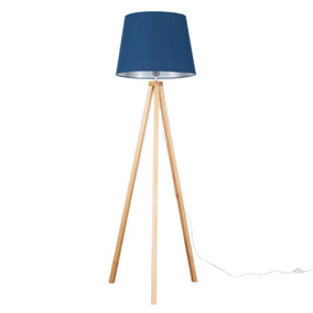 ValueLights Modern Light Wood Tripod Design Floor Lamp With Navy Blue Tapered Shade - Includes 6w LED GLS Bulb 3000K Warm White