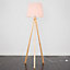 ValueLights Modern Light Wood Tripod Design Floor Lamp With Pink Tapered Shade - Includes 6w LED GLS Bulb 3000K Warm White