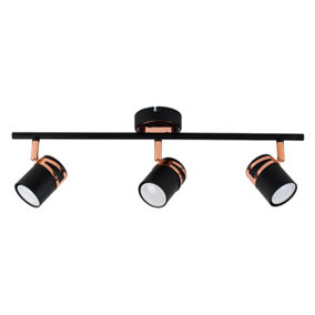 ValueLights Modern Matt Black And Copper 3 Way Adjustable Straight Bar Ceiling Spotlight