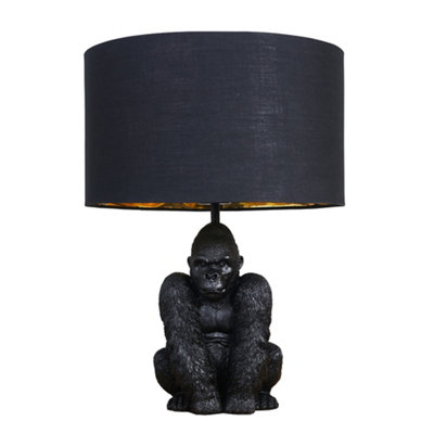 ValueLights Modern Matt Black Sitting Gorilla Monkey Table Lamp With Black Gold Drum Shade