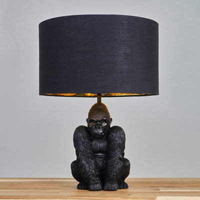 ValueLights Modern Matt Black Sitting Gorilla Monkey Table Lamp With Black Gold Drum Shade