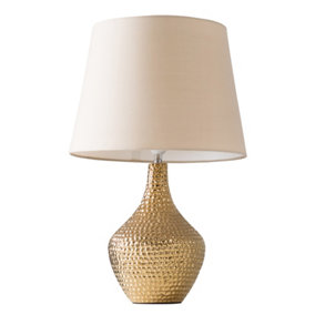 ValueLights Modern Metallic Gold Indent Textured Ceramic Table Lamp With Beige Shade