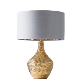 ValueLights Modern Metallic Gold Indent Textured Ceramic Table Lamp With Grey Gold Drum Shade