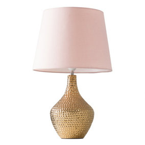 ValueLights Modern Metallic Gold Indent Textured Ceramic Table Lamp With Pink Shade