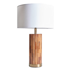 ValueLights Modern Natural Bamboo And Brass Cylinder Table Lamp With White Cylinder Shade