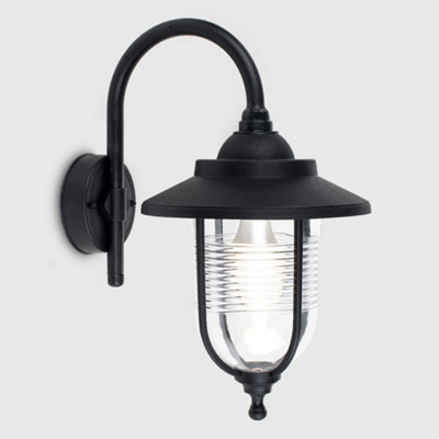 ValueLights Modern Outdoor Black Fisherman Style Swan Neck Wall Light Lantern - IP44 Rated - with 1 x 4w ES E27 LED Candle Bulb