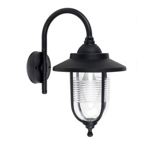 ValueLights Modern Outdoor Black Fishermans Style Swan Neck Wall Light Lantern - IP44 Rated - Complete with 1 x 6w LED ES E27 Bulb