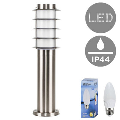 ValueLights Modern Outdoor Stainless Steel 450mm Bollard Lantern Light Post - Includes 4w LED Candle Bulb 3000K Warm White