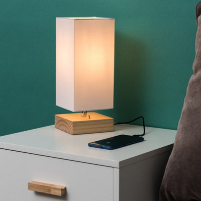 ValueLights Modern Pine Wood And White Bedside Table Lamp With USB ...
