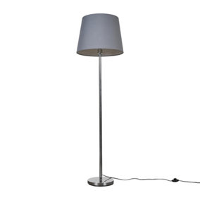 ValueLights Modern Polished Chrome Metal Standard Floor Lamp With Grey Tapered Shade - Includes 6w LED Bulb 3000K Warm White