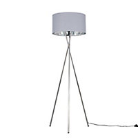 ValueLights Modern Polished Chrome Metal Tripod Floor Lamp With Grey And Chrome Cylinder Shade