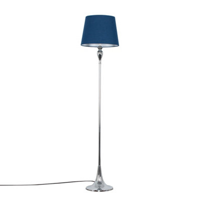 ValueLights Modern Polished Chrome Spindle Design Floor Lamp With Navy Blue Shade