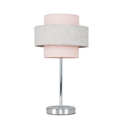 ValueLights Modern Polished Chrome Touch Bedside Table With Pink And Grey Herringbone Shade