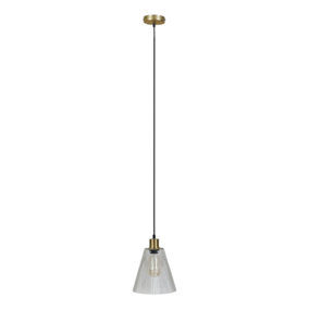 ValueLights Modern Satin Gold Suspended Ceiling Pendant Light Fitting With Ribbed Clear Glass Shade