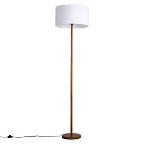 ValueLights Modern Scandi Floor Lamp In Dark Wooden Finish With White Drum Shade - Includes 6w LED GLS Bulb 3000K Warm White