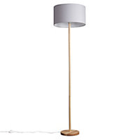 ValueLights Modern Scandi Floor Lamp In Light Wooden Finish With Cool Grey Drum Shade