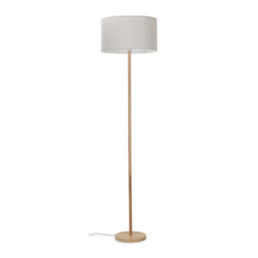 ValueLights Modern Scandi Floor Lamp In Light Wooden Finish With Grey Drum Shade - Includes 6w LED GLS Bulb 3000K Warm White