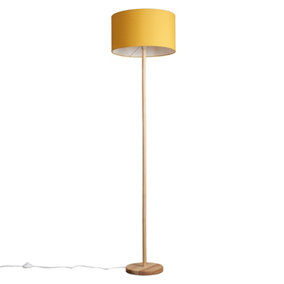 ValueLights Modern Scandi Floor Lamp In Light Wooden Finish With Mustard Drum Shade