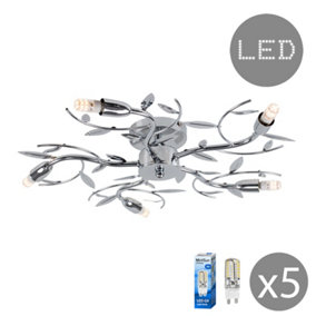 ValueLights Modern Silver Chrome 5 Way LED Decorative Blossom Ceiling Light - Supplied with 5 x 3W G9 LED Bulbs