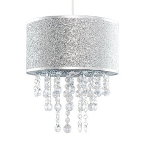ValueLights Modern Silver Glitter Cylinder Ceiling Pendant Light Shade With Clear Acrylic Jewel Droplets