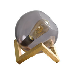 ValueLights Modern Smoked Effect Glass Globe Bedside Table Lamp on a Wooden Frame Base