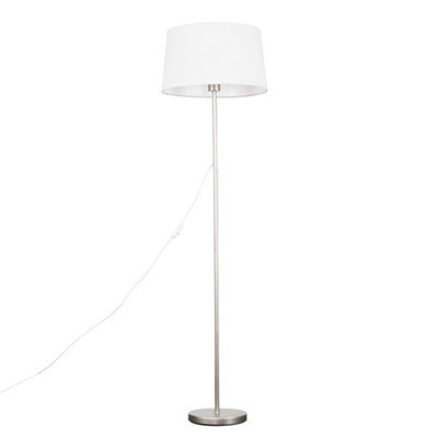 ValueLights Modern Standard Floor Lamp In Brushed Chrome Metal Finish With White Faux Linen Tapered Shade