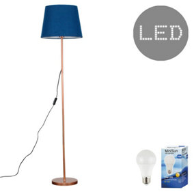 ValueLights Modern Standard Floor Lamp In Copper Metal Finish With Navy Blue Tapered Shade - With LED GLS Bulb in Warm White