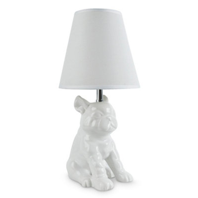 ValueLights Modern White Ceramic French Bull Dog Table Lamp With White Polycotton Light Shade