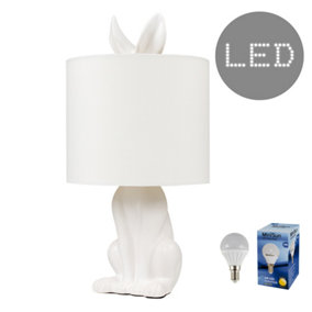 ValueLights Modern White Ceramic Rabbit/Hare Table Lamp With White Shade - Includes LED Golfball Bulb In Warm White
