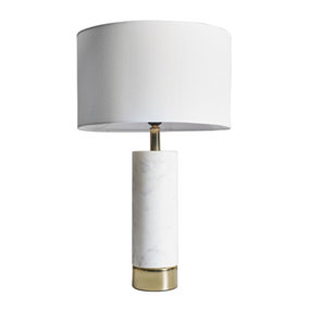 ValueLights Modern White Marble And Brass Cylinder Table Lamp With White Drum Shade
