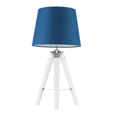 ValueLights Modern White Wood And Silver Chrome Tripod Table Lamp With Navy Blue Shade