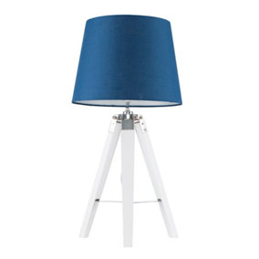 ValueLights Modern White Wood And Silver Chrome Tripod Table Lamp With Navy Blue Shade