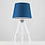 ValueLights Modern White Wood And Silver Chrome Tripod Table Lamp With Navy Blue Shade